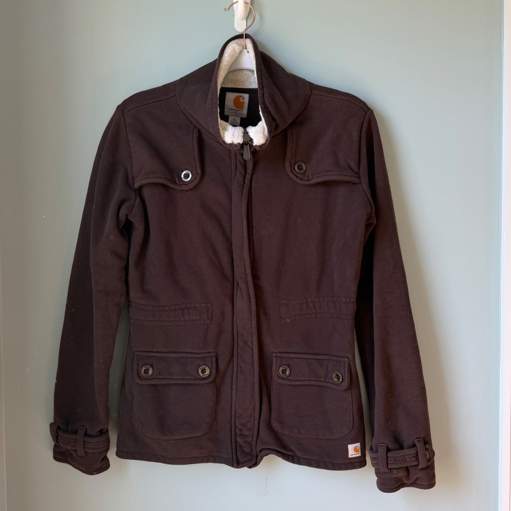Carhartt Women's Sherpa Lined Collar Brown Sweat Jacket Full Zip Utility Coat S